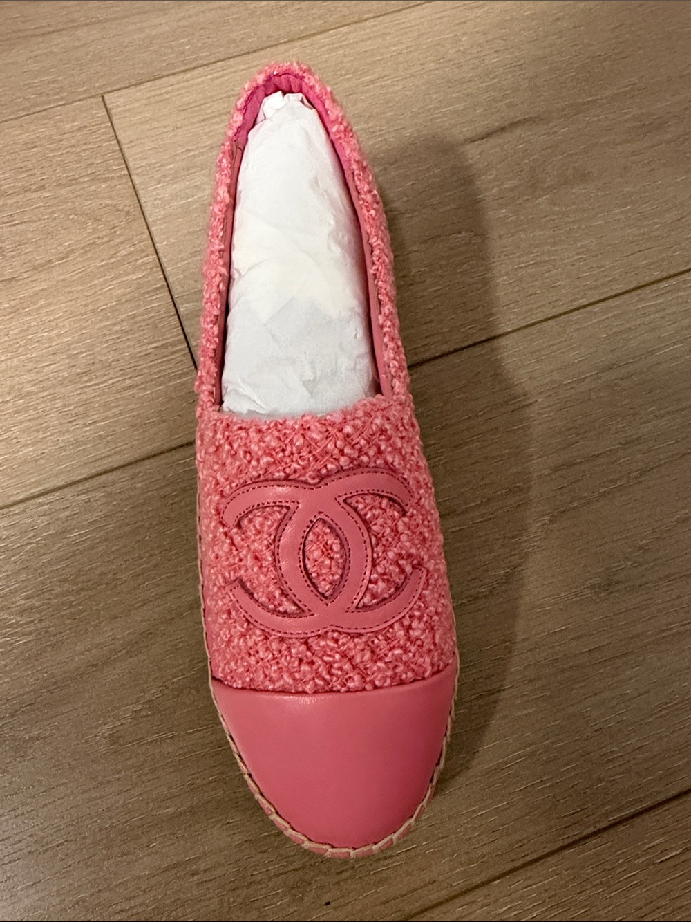 CHANEL Pink Bouclé Espadrille with Leather Cap Toe